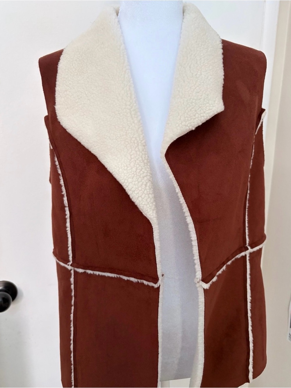 Self Esteem Brown Faux-Suede Vest with Cream Sherpa Collar